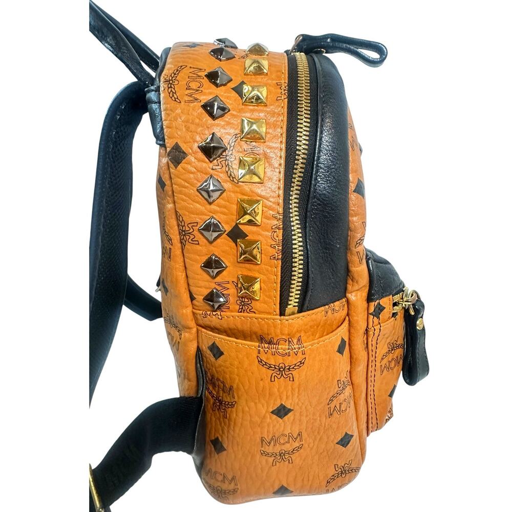MCM Stark Studded Mini Backpack Cognac Visetos Black Leather Trim w/ COA - Picture 4 of 16